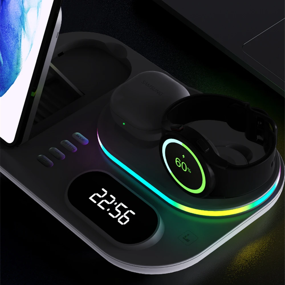 RGB Wireless Charger Dock 4 in 1 Charging Station For Apple Airpods iPhone 13 14 15 Galaxy S23 Ultra Galaxy Watch 6 5 4 3 Buds