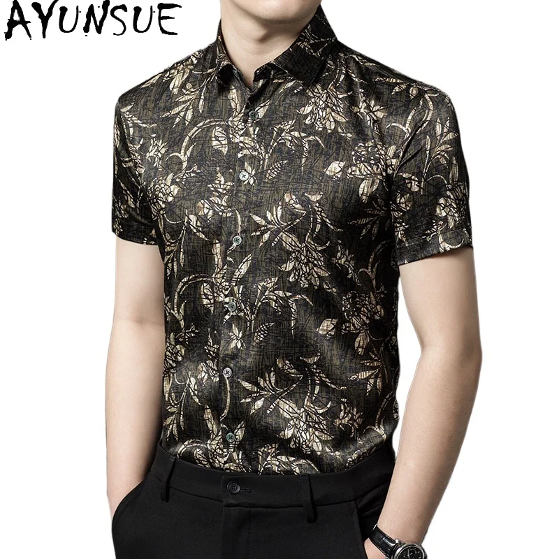 AYUNSUE 92% Real Mulberry Silk Shirts for Men Summer Tops 2026 Fashion Printed Short Sleeve Shirt Man Clothes Camisas De Hombre