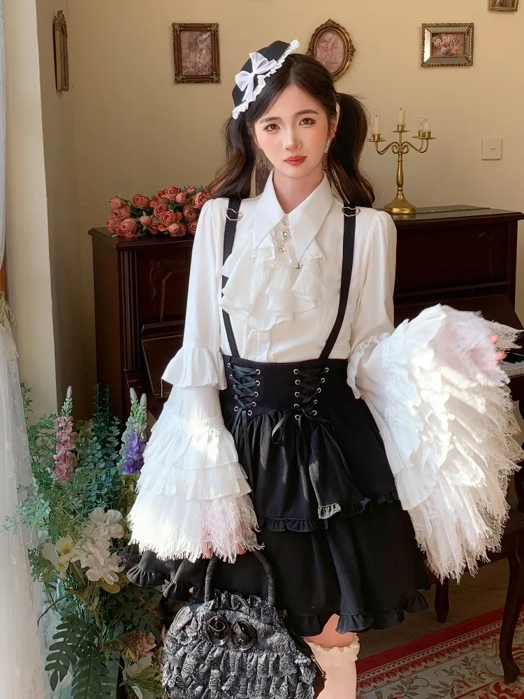 

Y2k Gothic Dark Lolita Shirt Women Lace Patchwork Butterfly Sleeve Blouses 2025 Early Autumn New Bottoming Tops Mujer