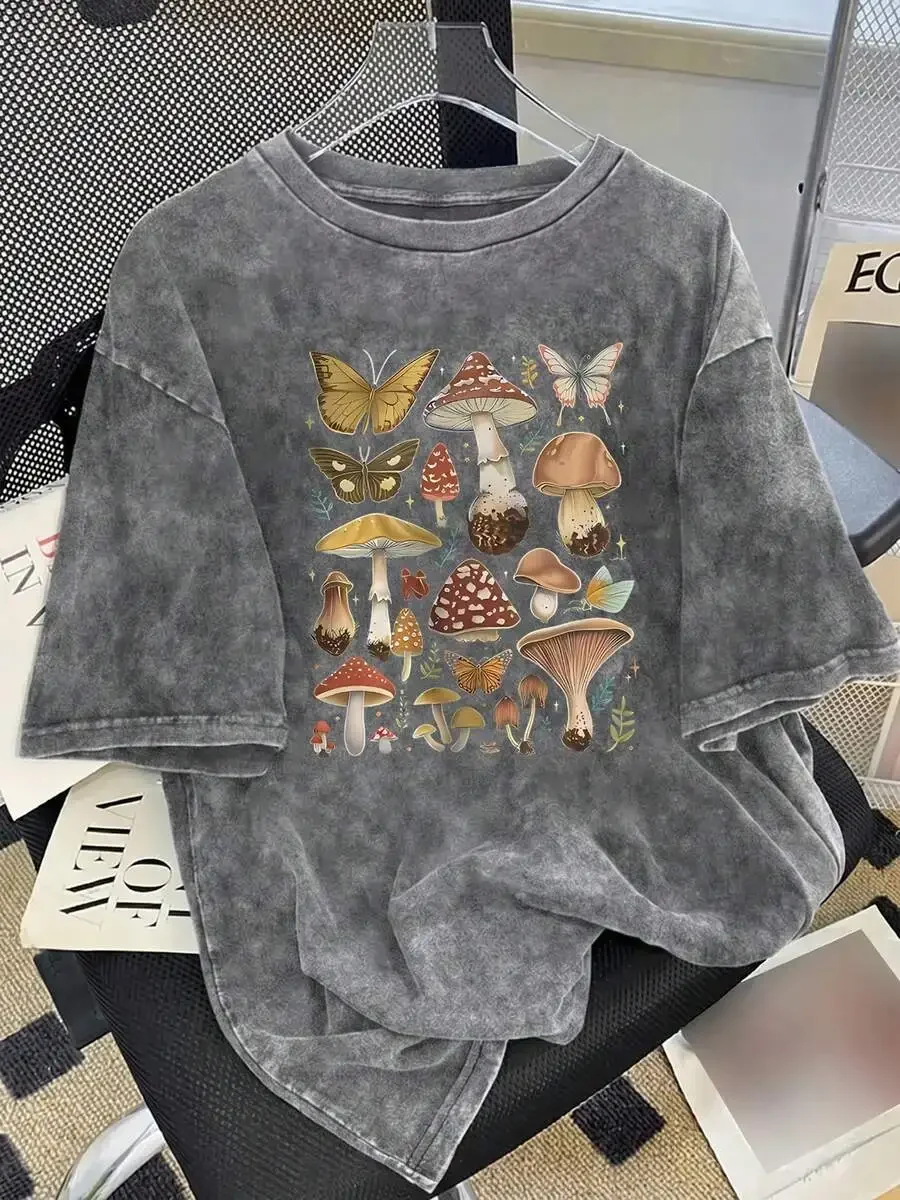 

Washed Gray Cotton T-Shirt With Mushroom And Butterfly Print Retro Y2K Streetwear