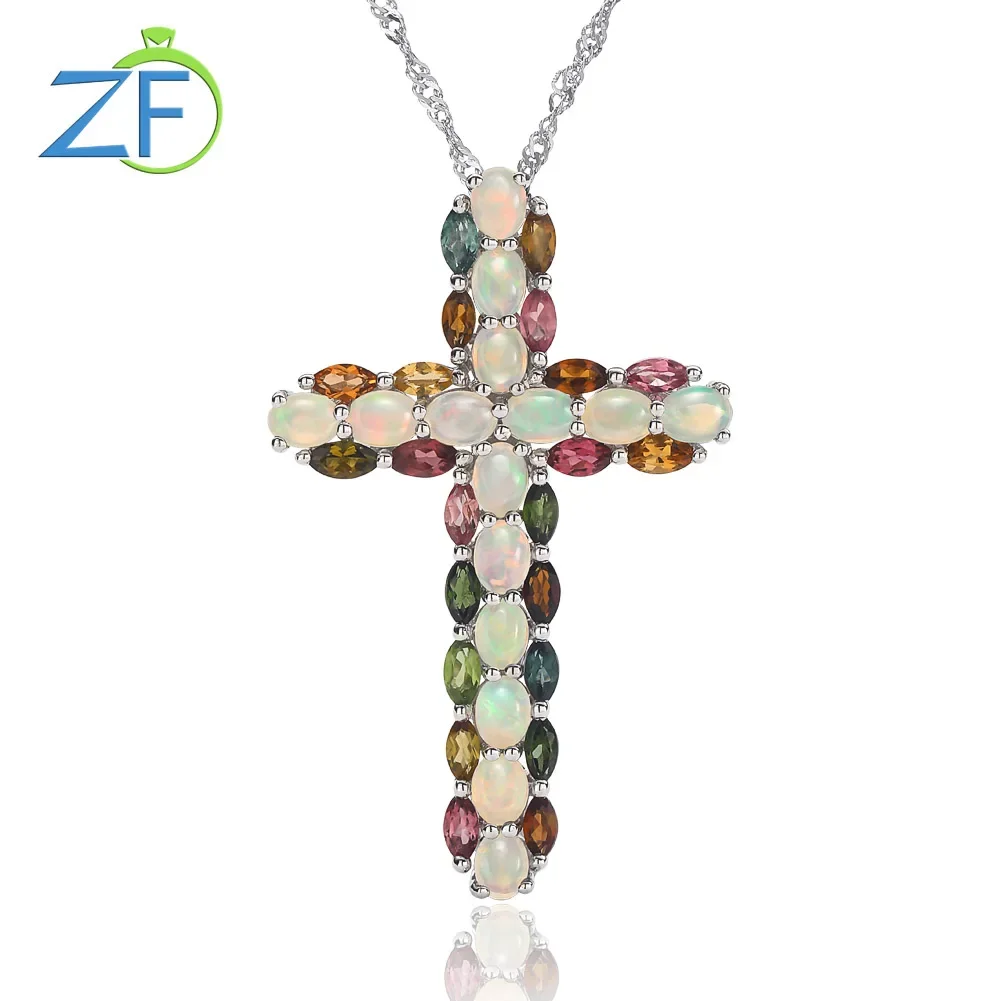 

GZ ZONGFA Real 925 Sterling Silver Cross Pendant For Women Natural Opal Tourmaline Mixed Color Gems 3.7ct Necklace Fine jewelry