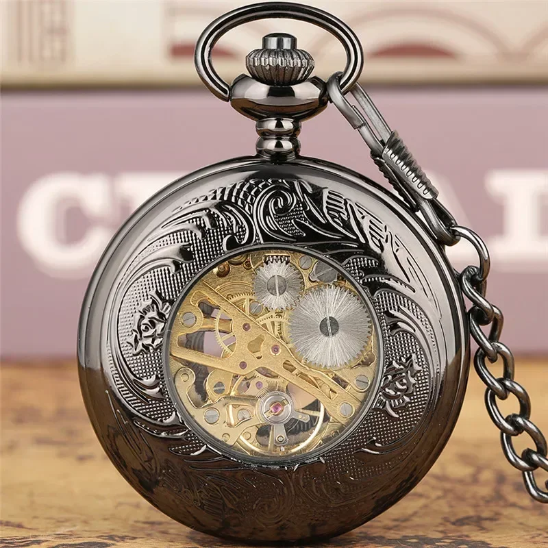 Antique Hollow Case Handwinding Mechanical Pocket Watch for Men Women Skeleton Clock Pendant Chain Roman Number Dial Hour Gift