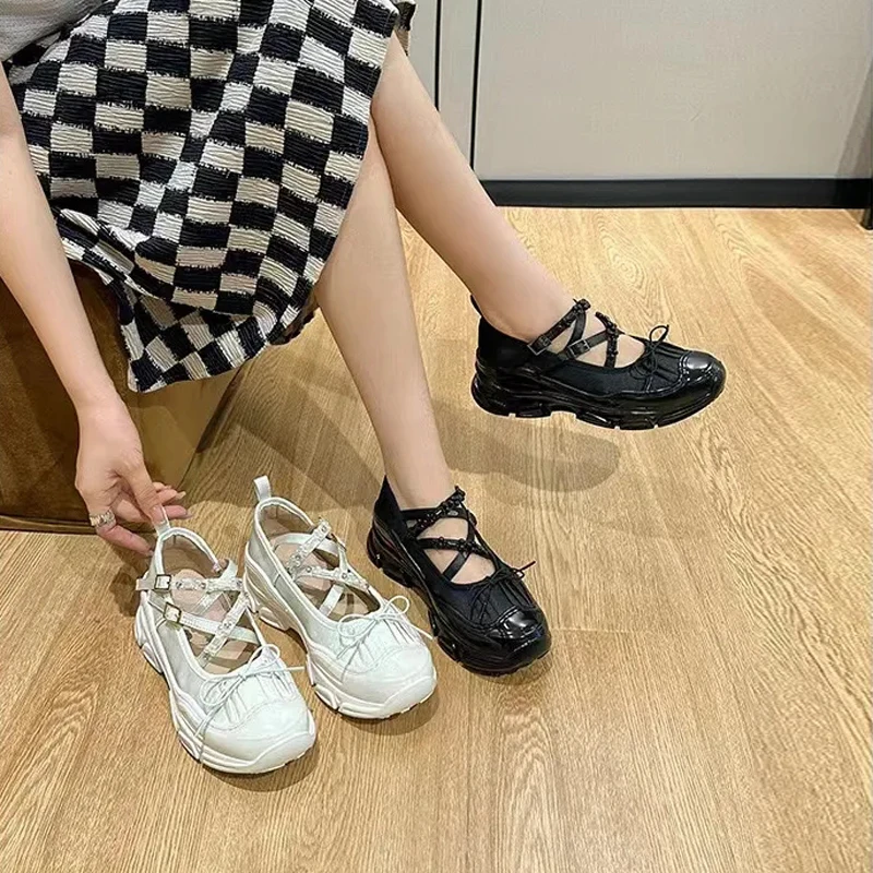 Thick Sole High Quality Women Casual Flat Shoes Fashion Pearl Shallow Ankle Strap Ladies Dress Flat Elegant Mary Jane Shoes 40