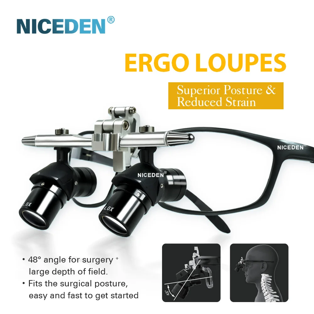 Стоматологическая 4-кратная лупа 48 °   Эрговые лупы для хирургической хирургии Регулируемая яркость Эргономичный дизайн Портативное увеличительное стекло