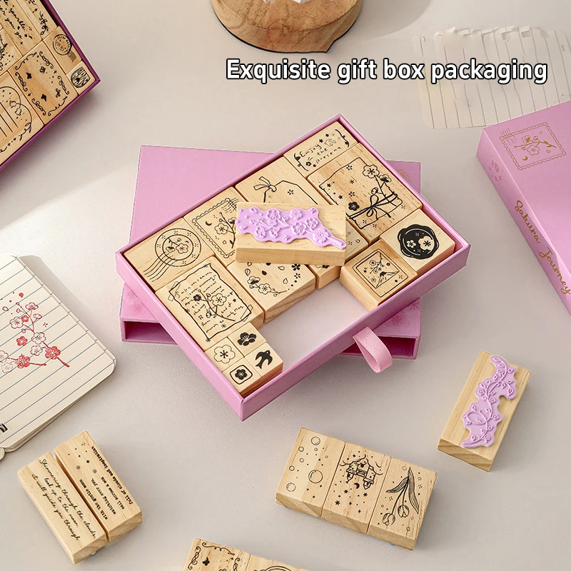 Dream And Cherries Stamps Wooden Seal Set Gift Box Diary DIY Bookkeeping Seal Decoration Material Fun Cartoon Seal Bookkeeping