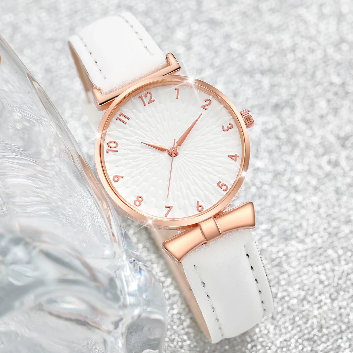 5PCS/Set Women\'s Watch Fashion Arabic Dial Quartz Watches Leather Band Wristwatches Beads Bracelets Set(Without Box)