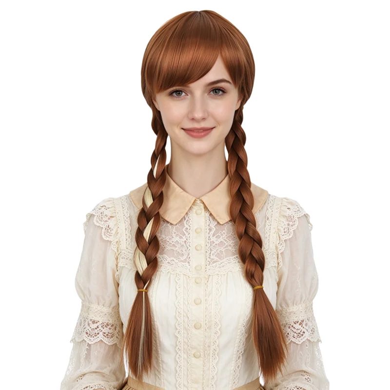 Anna Princess Cosplay Wig Brown with Blonde Highlights Double Braided Long Pigtails Synthetic Wig For Halloween Party Costume
