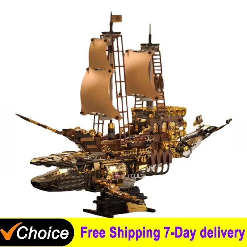 

Creative Steam Whale Ship Building Blocks DIY Retro Sailboat With Light Desktop Ornament Kids Educational Toy Holiday Gift