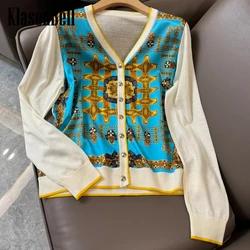 4.14 KlasonBell V-Neck Letter Button Single Breasted Top Women Geometric Pattern Print Silk Spliced Wool Knit Loose Cardigan