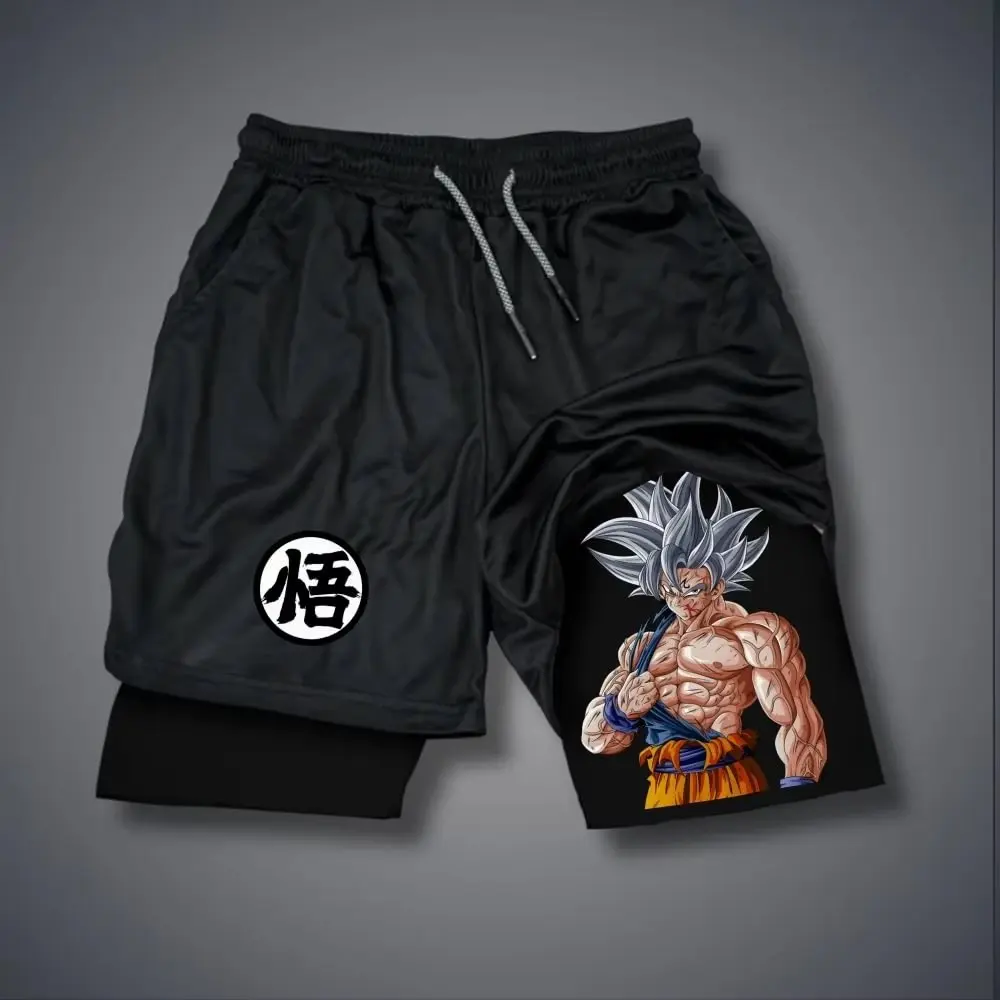 กางเกงขาสั้นผู้ชายลายดราก้อนบอล ไซย่า สำหรับออกกำลังกาย ฟิตเนส ใส่สบาย ระบายอากาศ แห้งเร็ว แบบสองชั้น 2-in-1 สไตล์ Y2K แฟชั่นฤดูร้อน