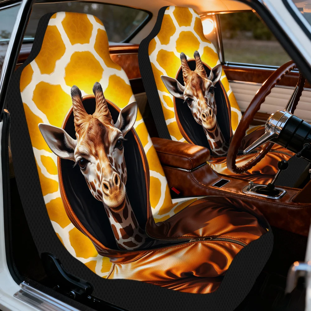2pcs Giraffe Animal Portrait Digital Art Pattern Universal Car Seat Covers | Polyester, Machine Washable, Foldable, Adds Attract