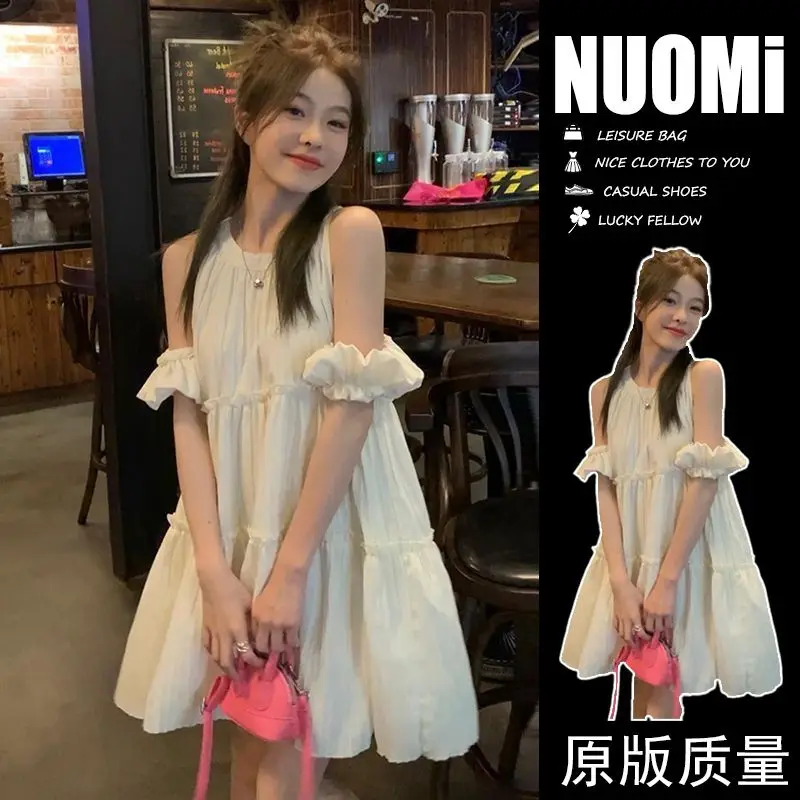 Summer Off -the -shoulder Short -sleeved Dress Female New Sweet Design Be Careful of Thin Puffy A -line Dress