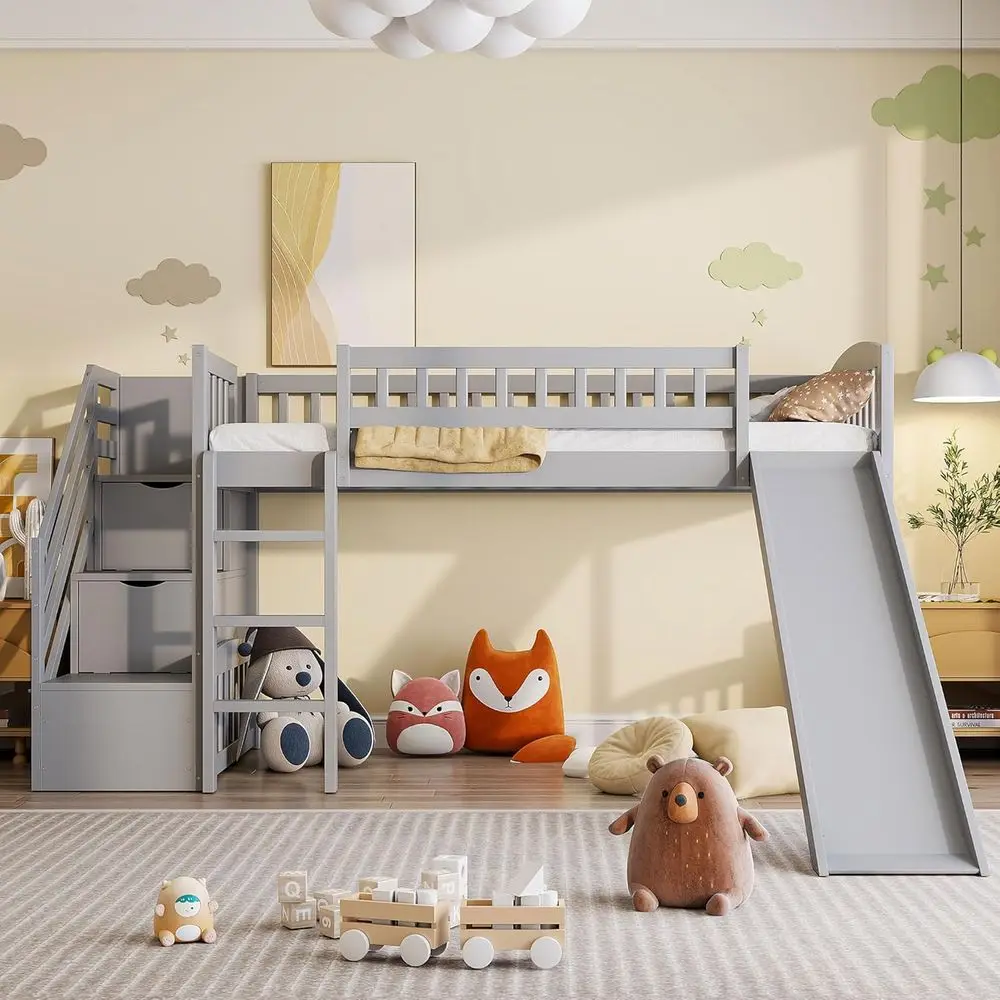 

Gray Twin Loft Bed with Slide and Storage for Kids and Teens