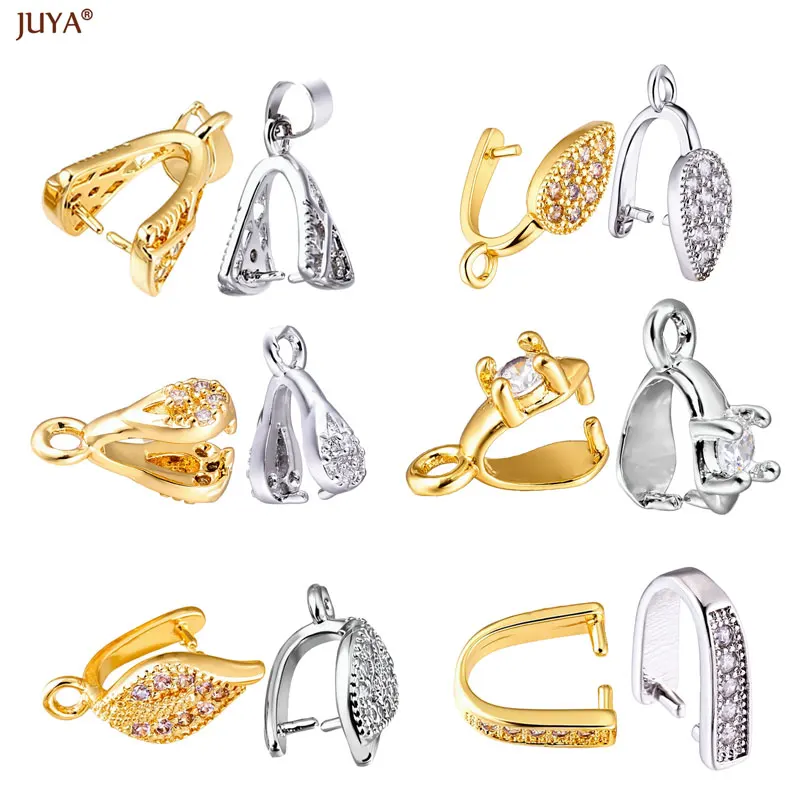 JUYA Multi Style Pinch Pendant Clip Bails Paved Zircon Clasp Connector For DIY Clamp Crystal Agate Earring Jewelry Accessory
