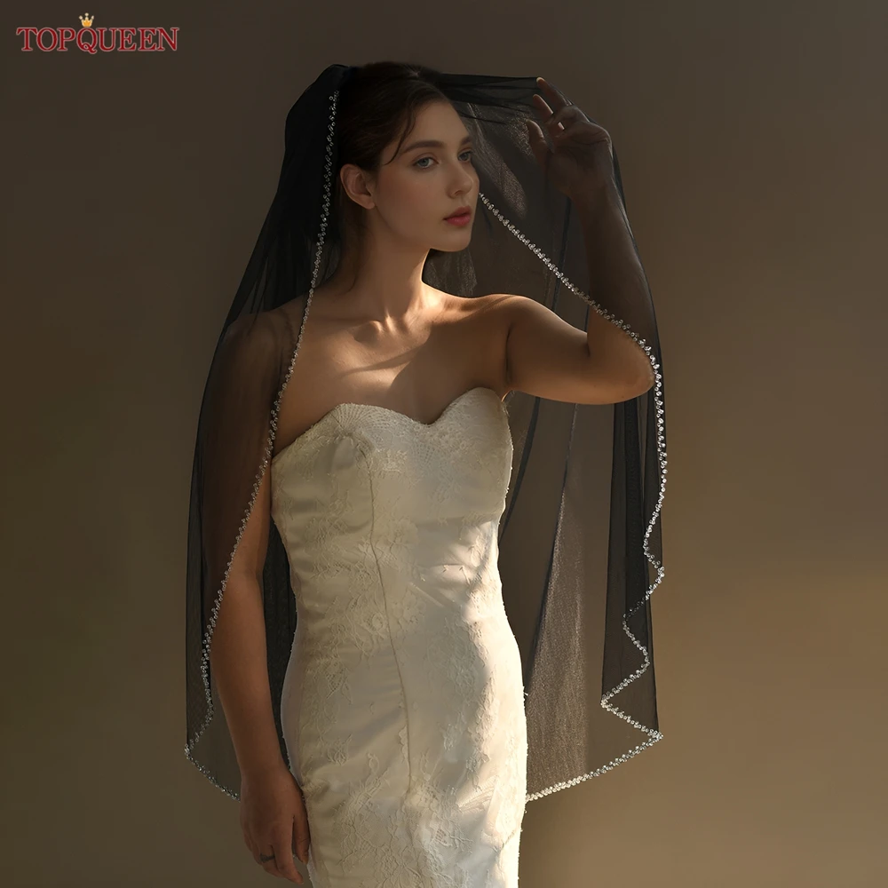 TOPQUEEN V248 Black Veil With Crystal Edge Vintage Wedding Veil 1 Tier Bridal Veil High Quality Bridal Head Accessories