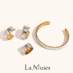 La. Muses Mix Color Round Bead Edge Smooth Stainless steel Women's Earrings Ring Bracelet Set High-end Design Jewelry Gift
