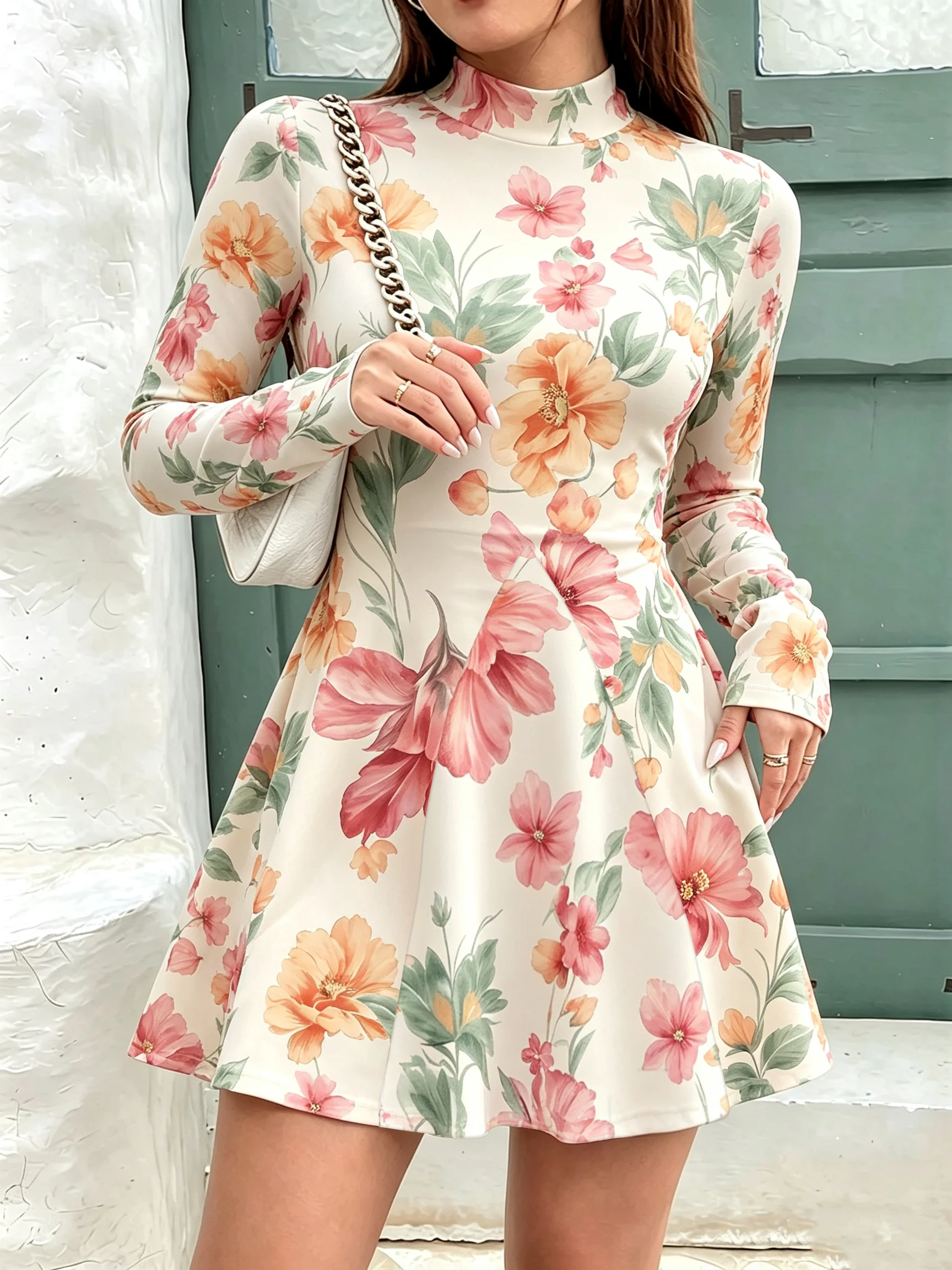 Damen Herbstkleid mit hohem Kragen, langen Ärmeln, A-Linien-Schnitt, lässiger Modedruck mit Blumen- und Blattdesign. – Detail 7