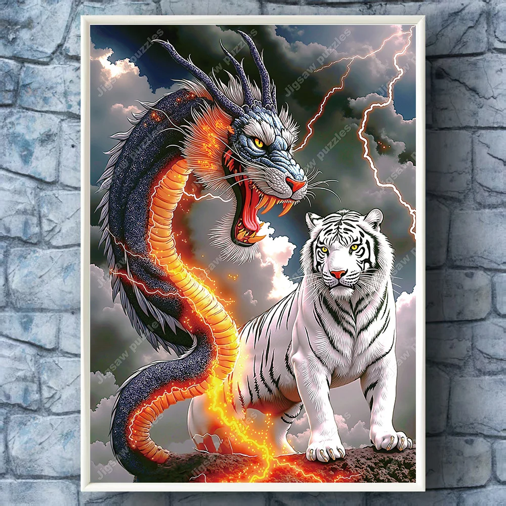 1000/2000/1314/520 قطعة أحجية الصور المقطوعة كبيرة جدًا للبالغين - معركة التنين والنمر الأبيض، الغيوم المظلمة المستوحاة من الآسيوية والضوء