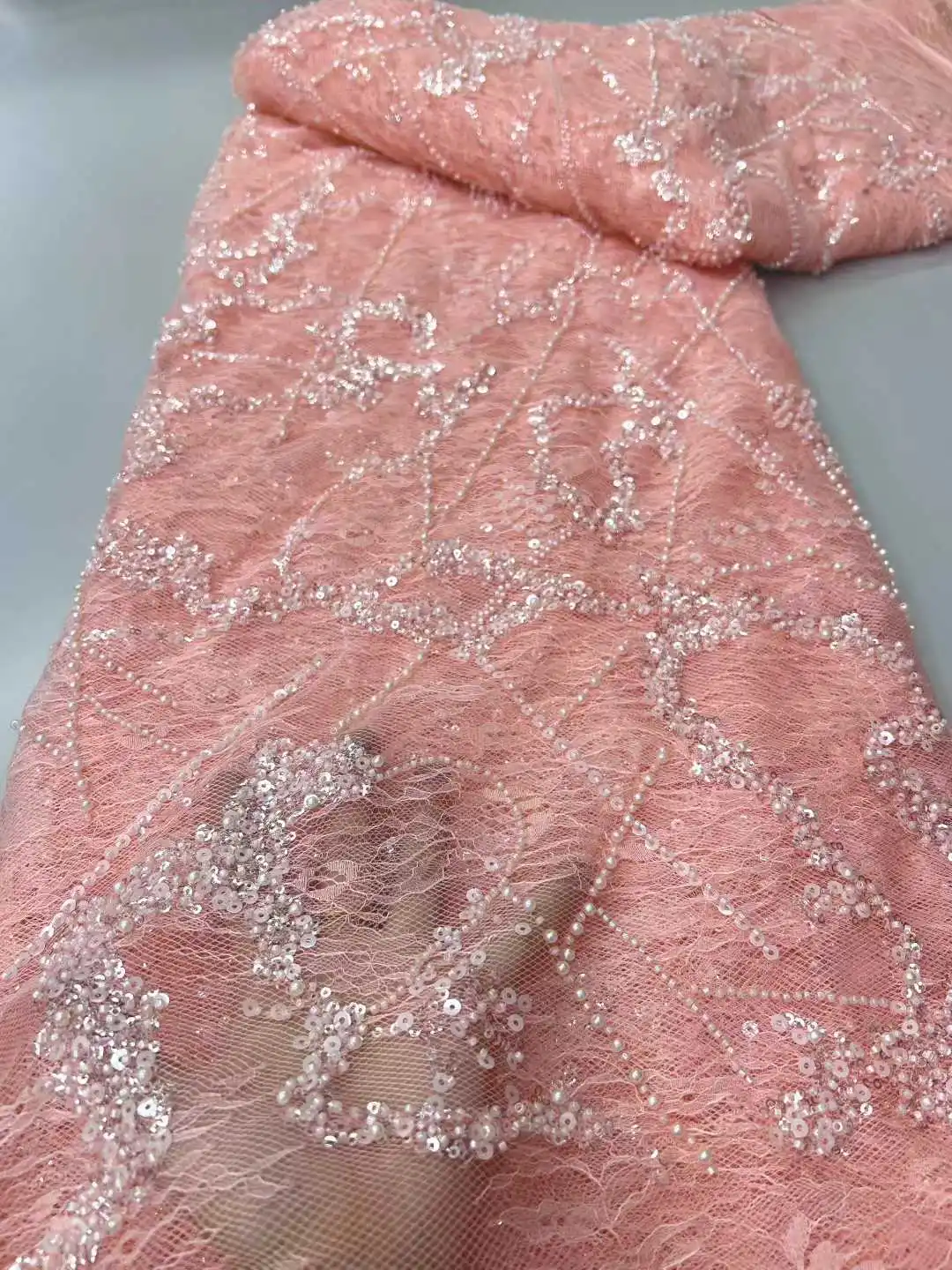 

African French Tulle Net Lace With Sequins Beads African Lace Fabric 5Yards Embroidery Nigerian Lace Fabric For Party Dress Sew