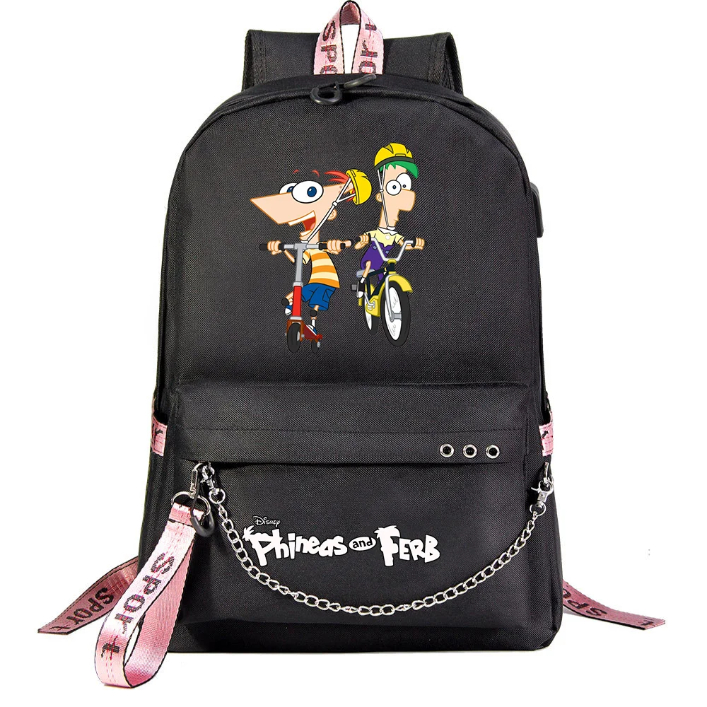 

MINISO Phineas And Ferb USB Рюкзак Школьная сумка для ноутбука Женская и мужская сумка Рюкзаки с цепочкой Mochilas