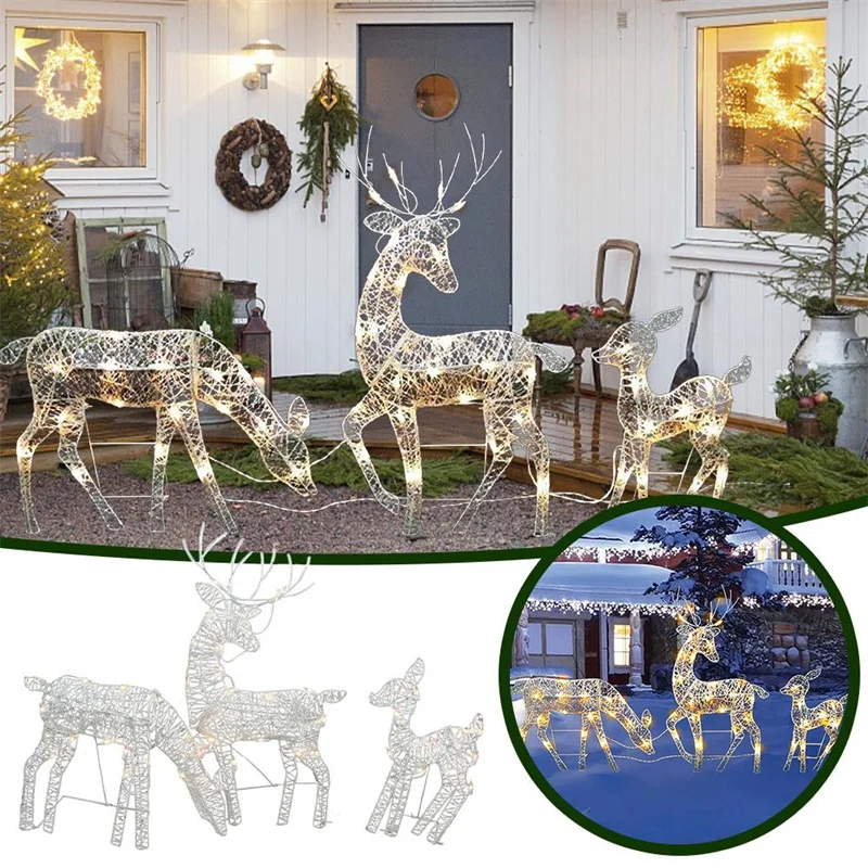 

3pcs Iron Art Elk Deer Christmas Garden Decoration With LED Light Glowing Glitter Reindeer Xmas Home Outdoor Yard Ornament Decor