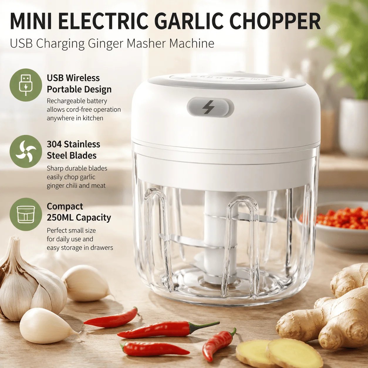 Electric Garlic Chopper USB Rechargeable Mini Food Processor 304 Stainless Steel Wireless Vegetable Chopper Portable Meat