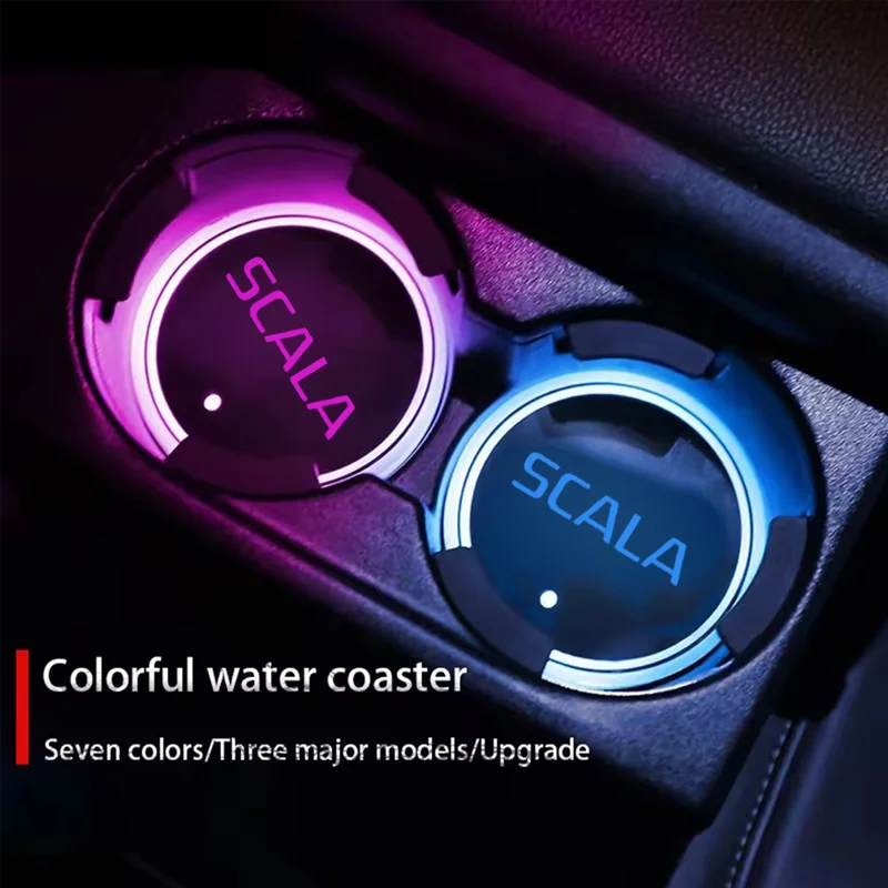 7 Color USB Charging Car Led Luminous Car Water Cup Coaster for Skoda Scala Badge Auto Interior Ambient Light Decoration