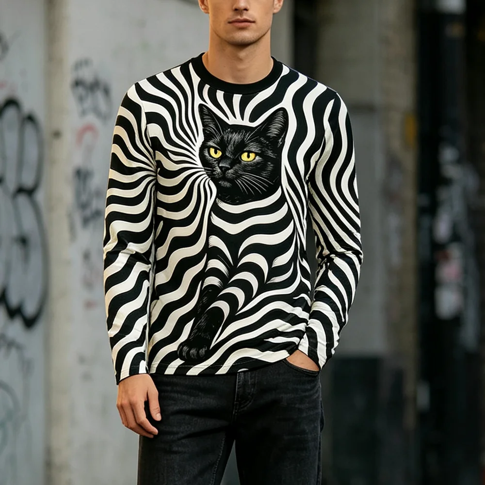 Black Cat Optical Illusion Print T‑shirt Daily Fashion Casual Streetwear Men Women Striped Pattern Crew Neck Long Sleeve Tops