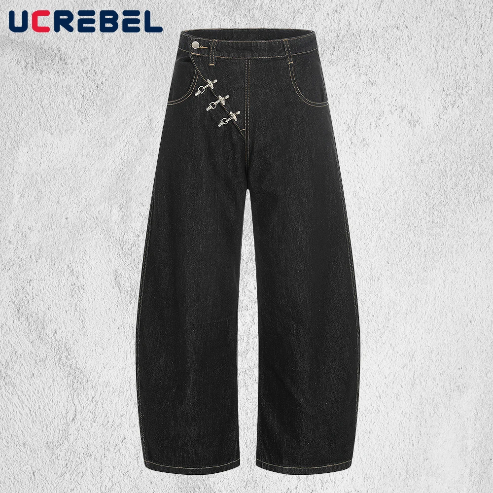 

Airplane Buckle Jeans Mens High Street Wide Leg Baggy Denim Pants Man