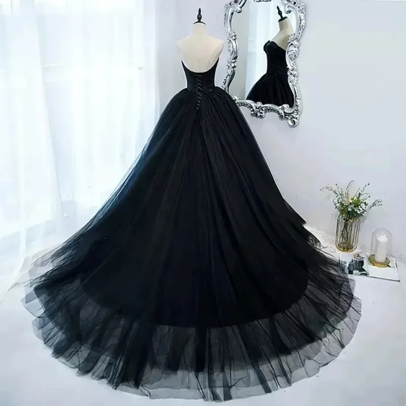 Gothic Black Tulle Prom Dresses Princess Sweetheart Satin Women Formal Evening Gowns Exposed Boning Night Party Dress Customized