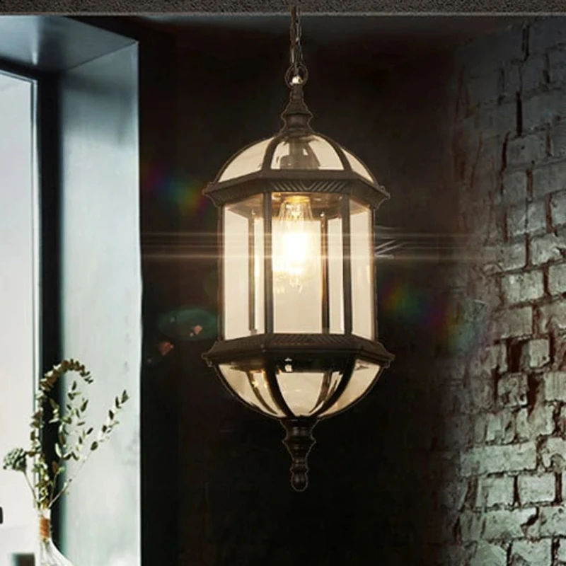 Led European Style Outdoor Waterproof Balcony Courtyard Pavilion Corridor Corridor Pendant Light Home Decor Glass Lamp Shades