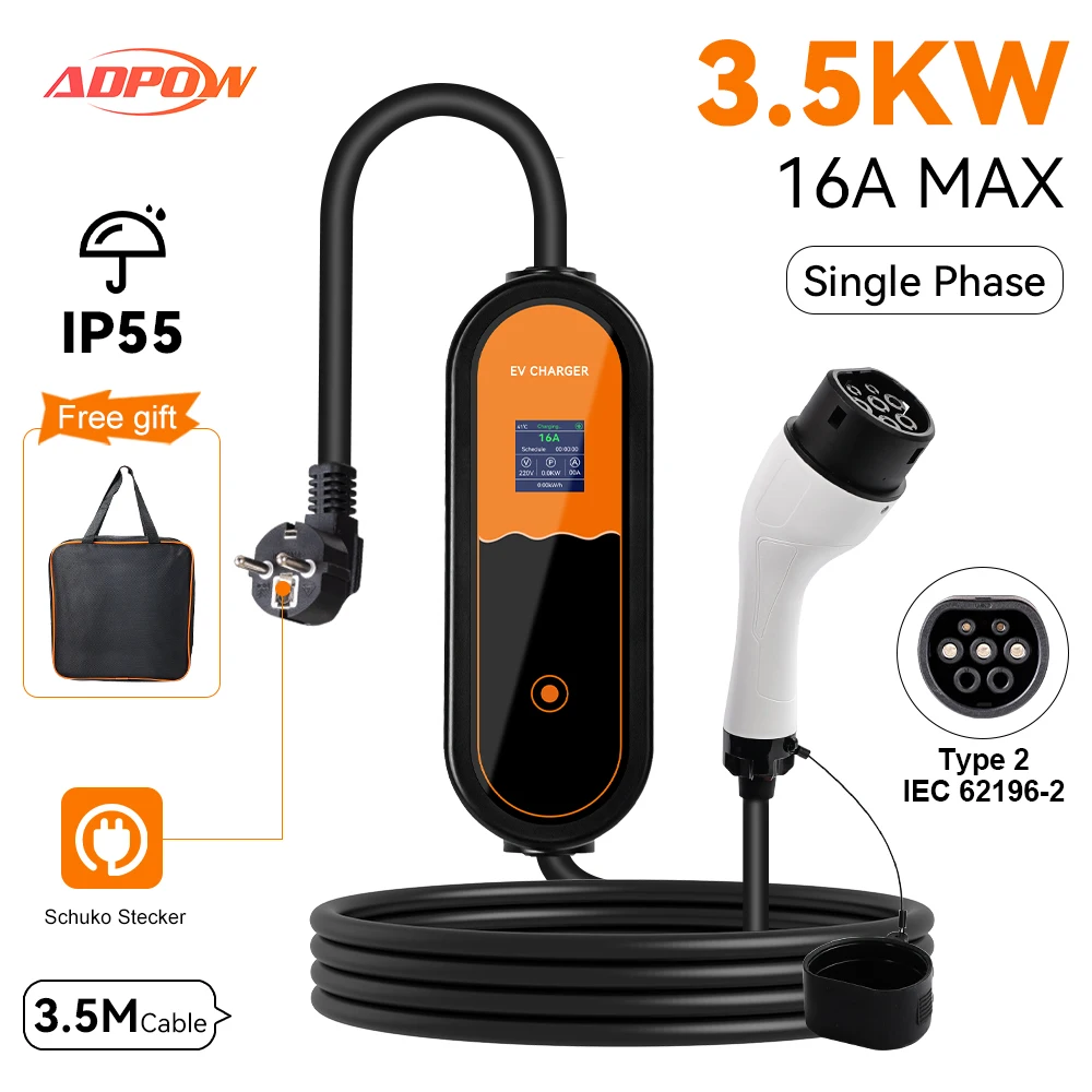 

ADPOW 3.5kw GBT EV Charger Portbale Adjustable Current 16A 1Phase Type2 Set Delayed Charging Time SAE J1772 EVSE Charging