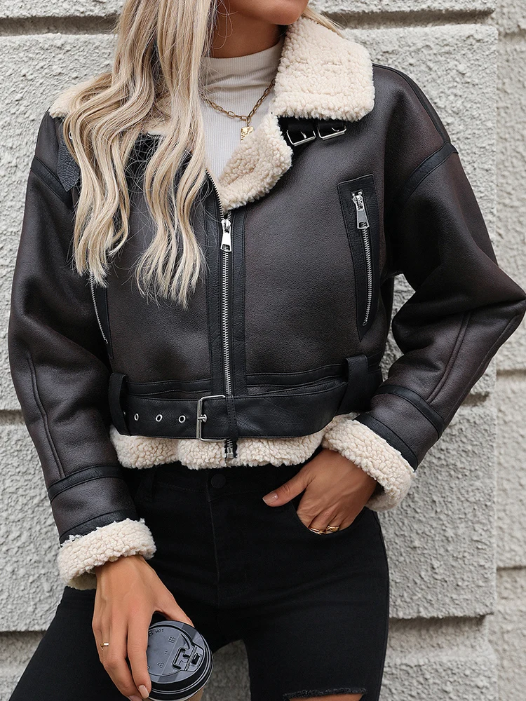 Ailegogo Vintage Women Thick Warm Short Faux Leather Lamb Fur Jacket Streetwear Female Zipper Belt Coat Autumn Winter Outwear