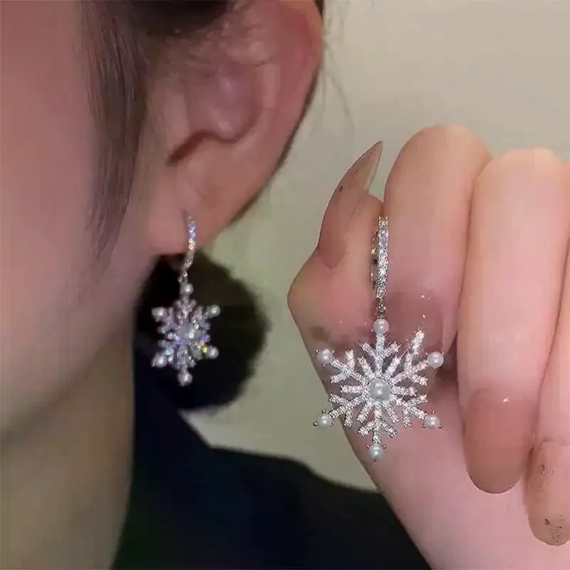 Lavish Snowflake Designed Earrings for Women; Zircon Accented Imitation Pearl Jewelry for Christmas Party