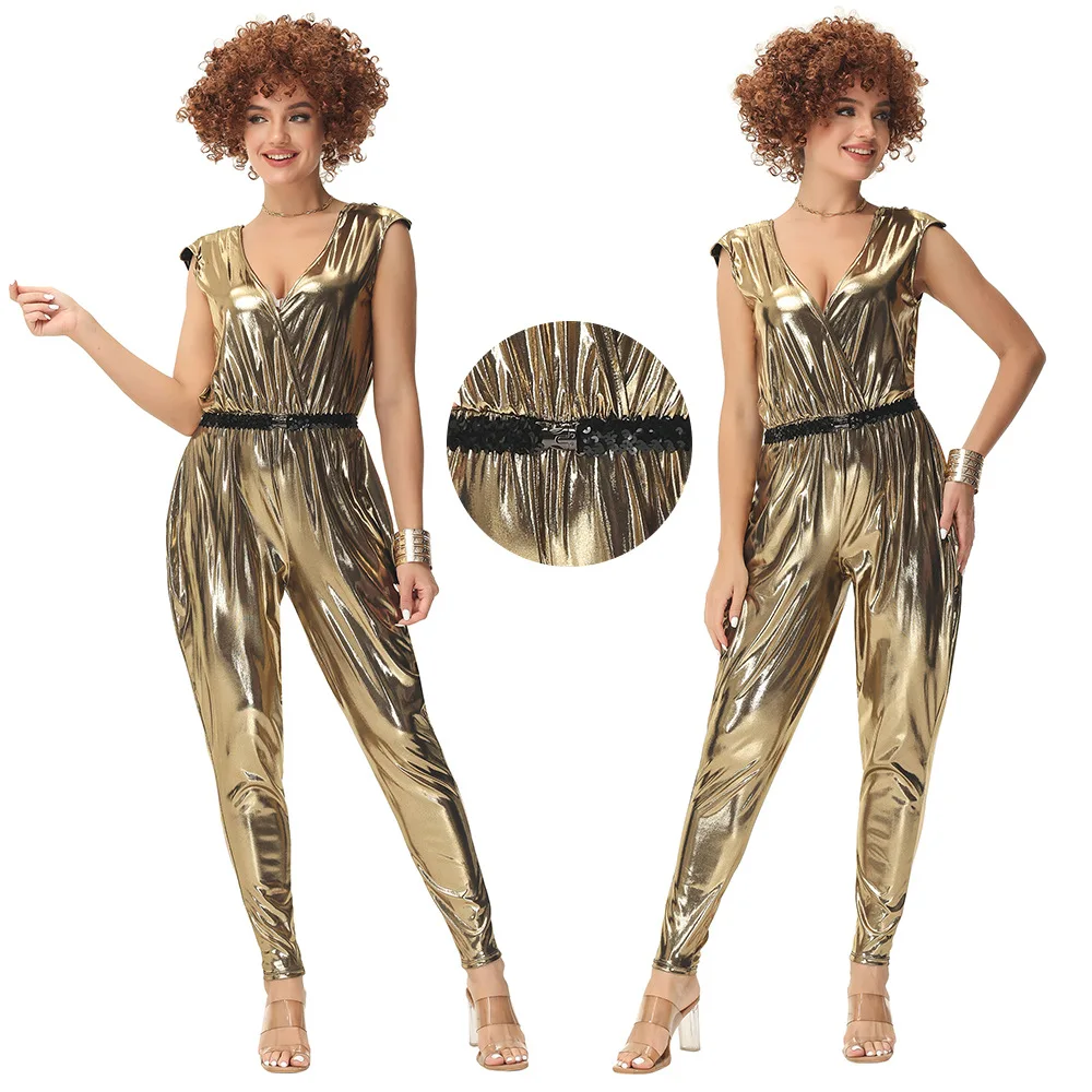 2025 Nieuwe Halloween Kostuum Volwassen Retro Hippie Jaren '70 Disco Goud Paar Nacht Outfit Vrouwen Etnische Slijtage Toneelkostuum