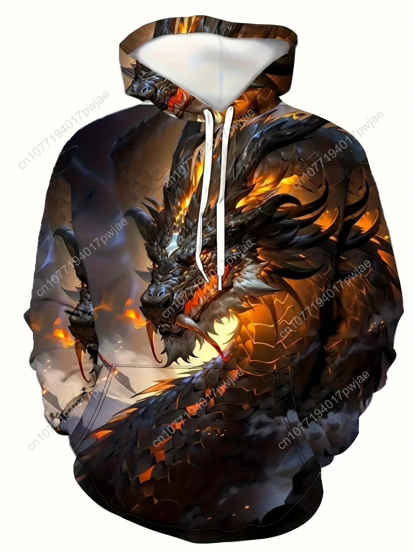 Langärmliger, atmungsaktiver Polyester-Herren-Hoodie mit lässigem 3D-Drachen-Print und Taschen, perfekt für Outdoor-Aktivitäten, geeignet für