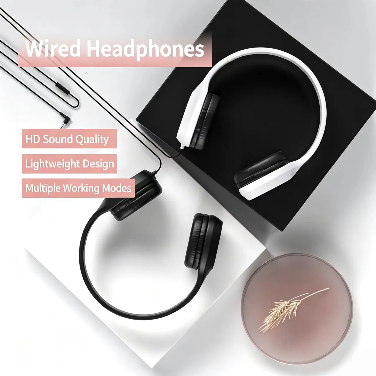 Foldable 3.5mm Wired Over Ear Headset, Black & White 2 Colors, Easy Storage Stereo Headphones