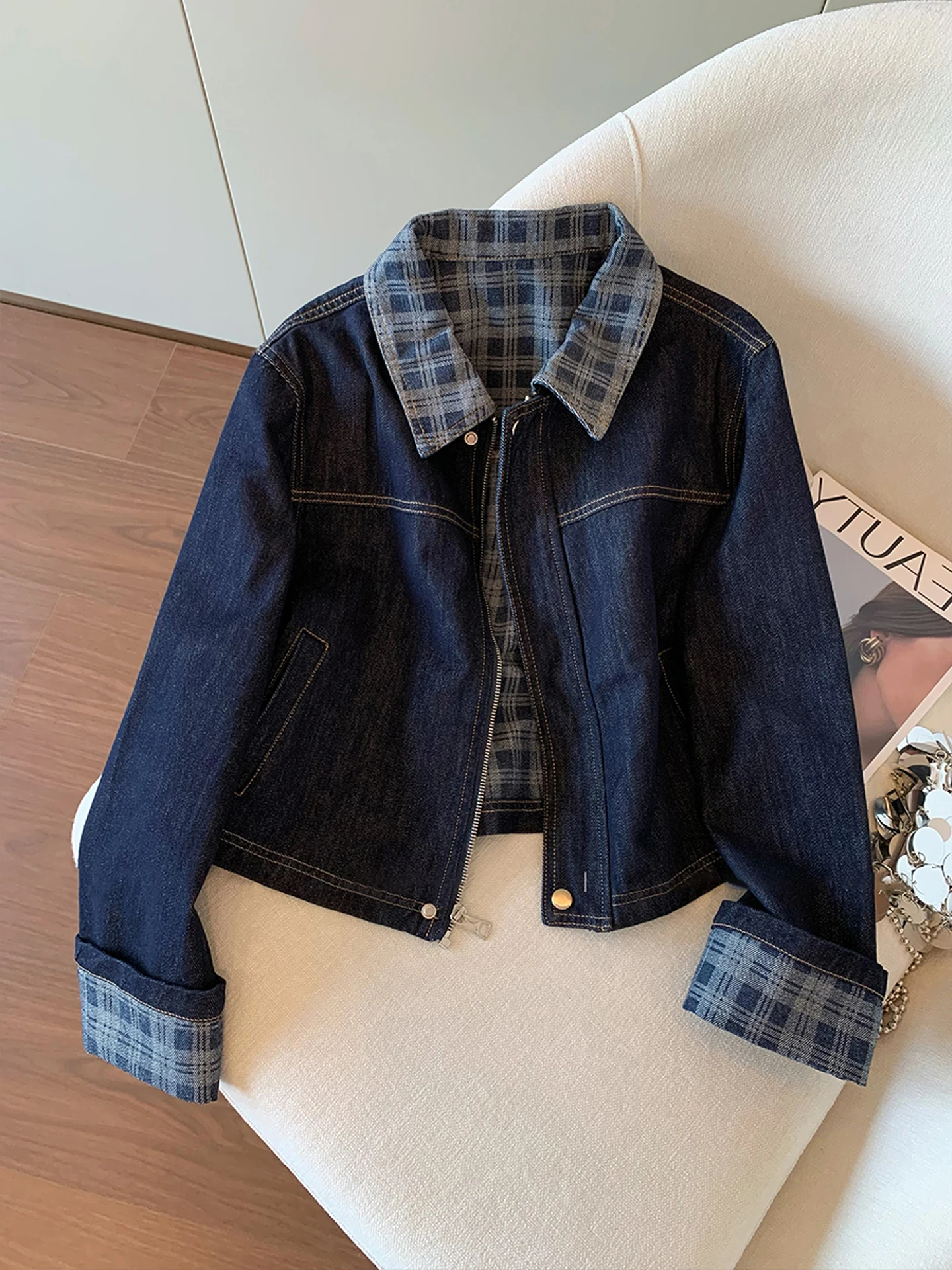 

Korean Style Women's Top Washed Retro Patchwork Plaid Collar Denim Jacket Spring Autumn Loose Zipper Cardigan Short Casual Top