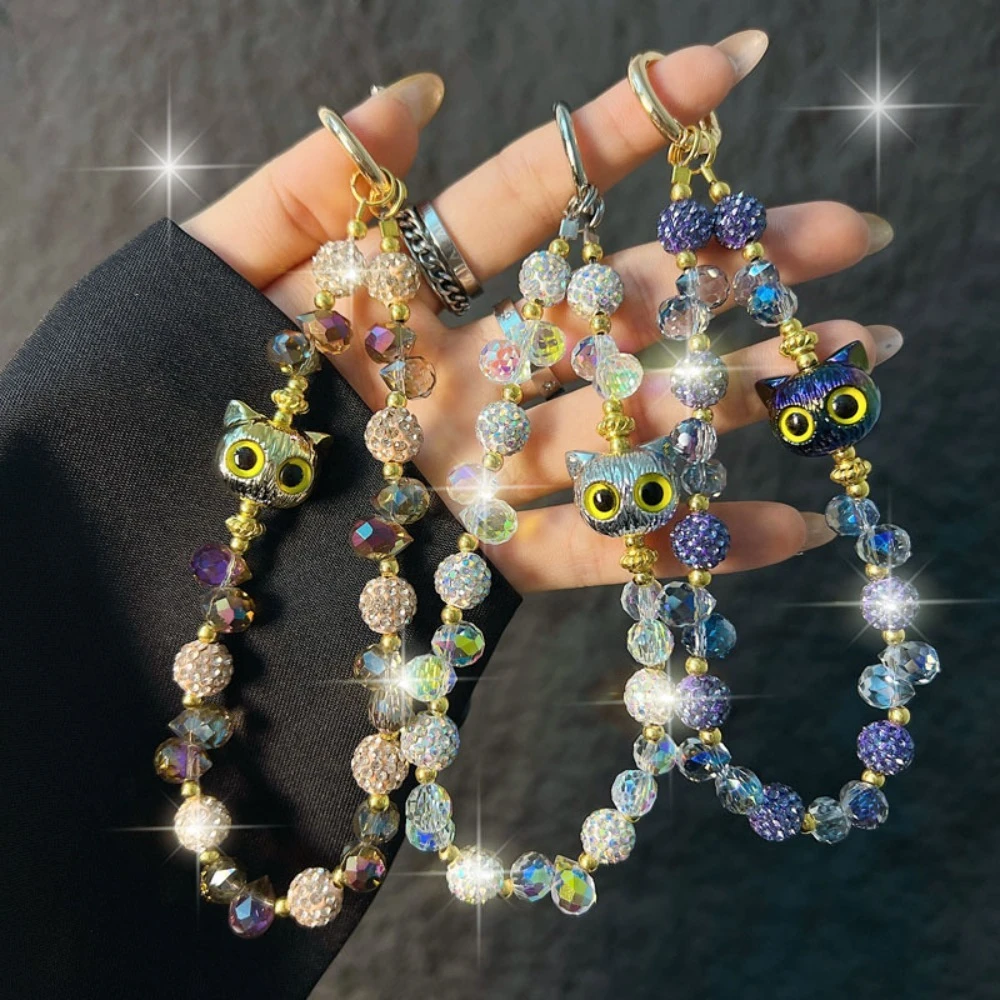 Luxury cat set diamond round bead crystal bead mobile phone chain, fashionable bag decoration, keychain