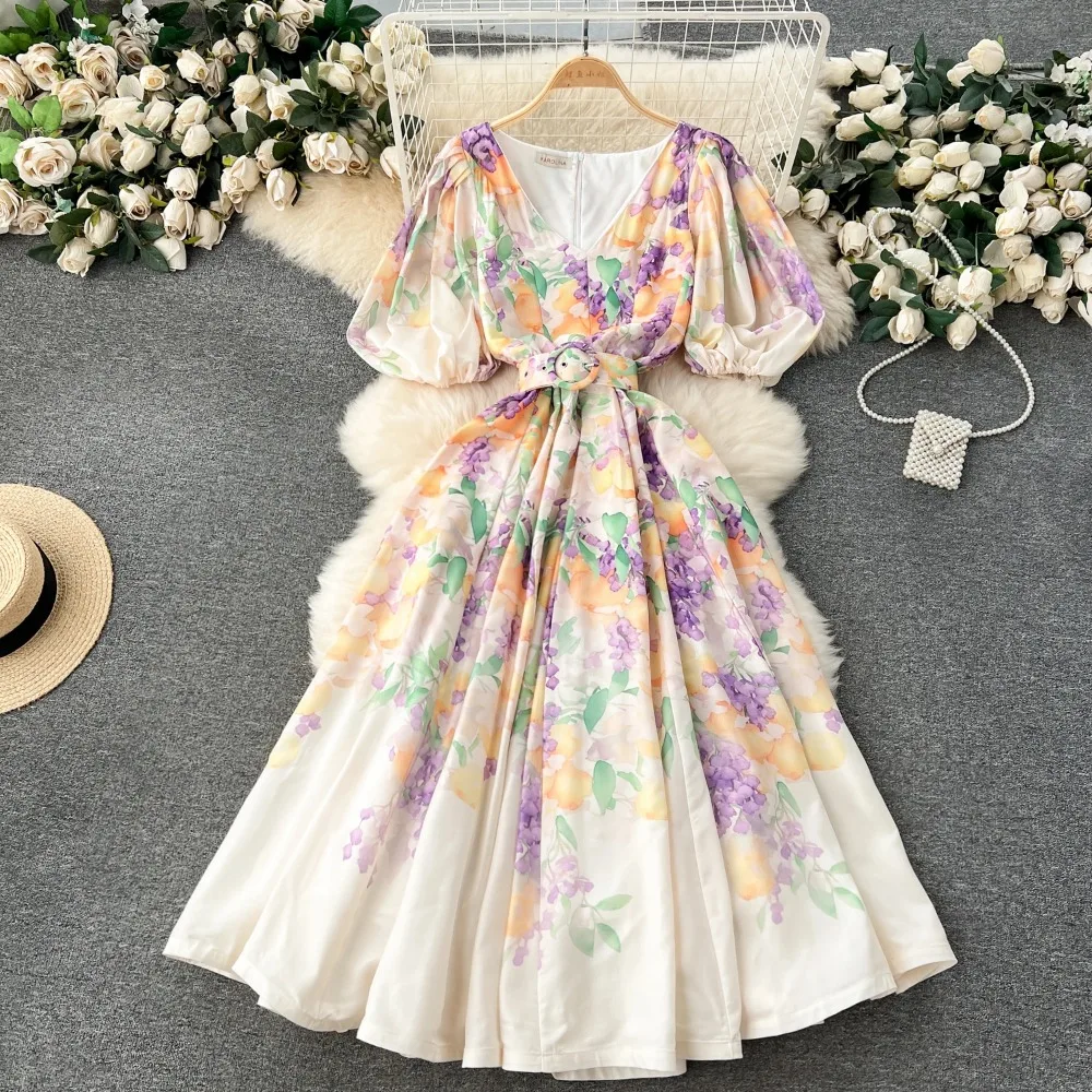 

Vintage Print Elegant Vneck Lantern Short Sleeve Dress A-line Casual Belt Fashion Dress Women Fashion Summer Spring Vestidos