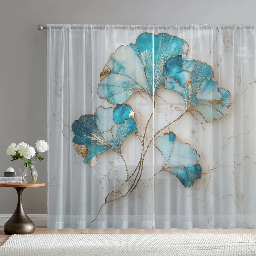 2Pcs Gold Edged Blue Ginkgo Leaf Print Home Decoration Window Screens Suitable For Coffee Shops, Restaurants, Bedrooms