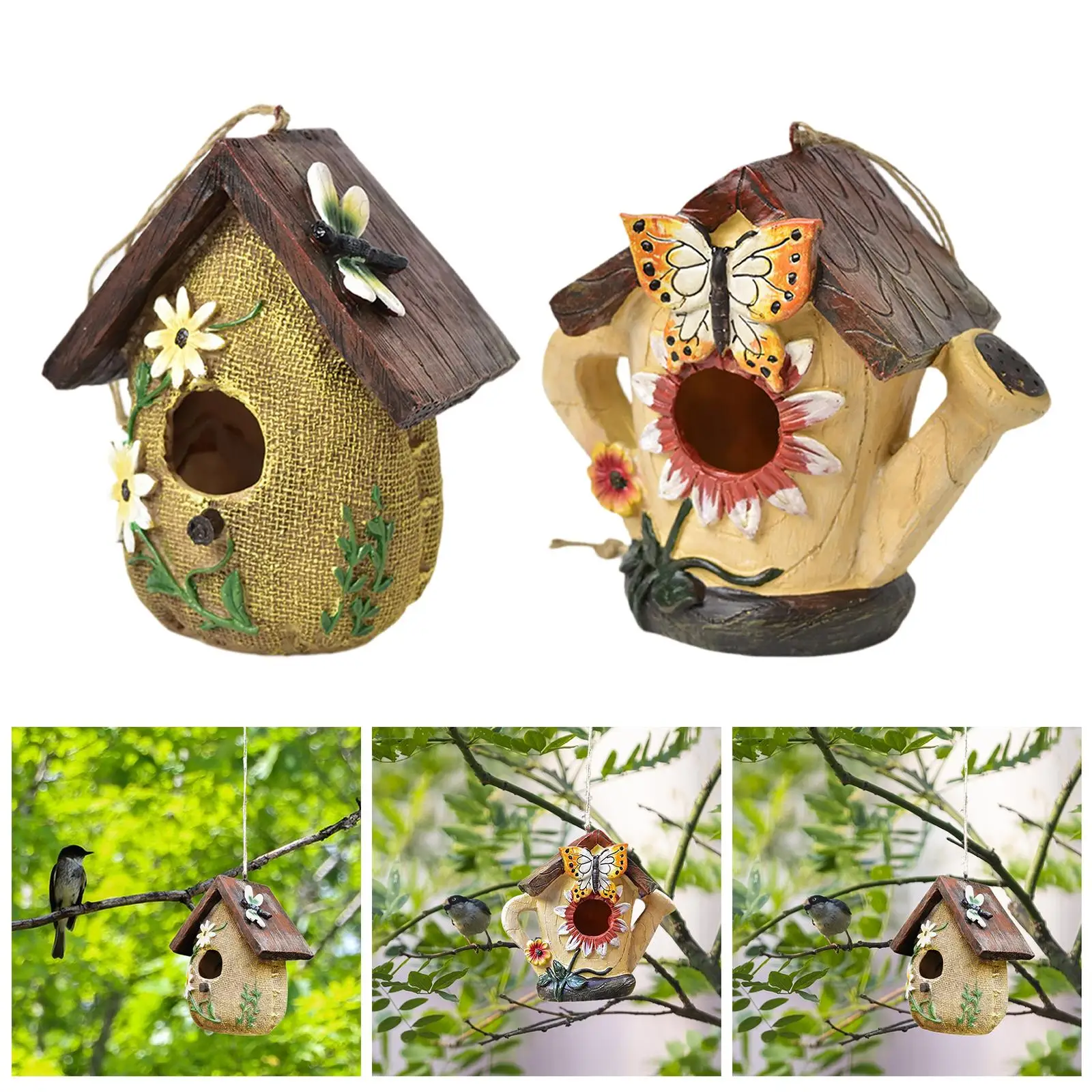 Hanging Bird House for Outside Bird Lovers Gift Rustic Ornament Micro Landscape Garden Decor for Yard Balcony Patio Tree Fence