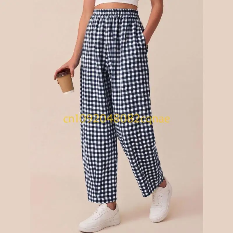 Classical Checkered Wide Leg Pants for Women Soft Stretchy Fabric Comfortable Spring Summer Wear