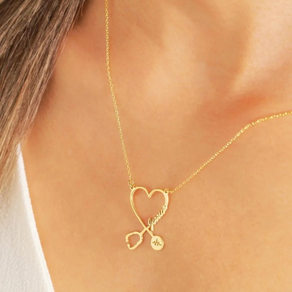

Personalized Custom Name Stethoscope Necklace Customize Dainty Heart Nameplate Necklaces Medical Doctor Student Gift