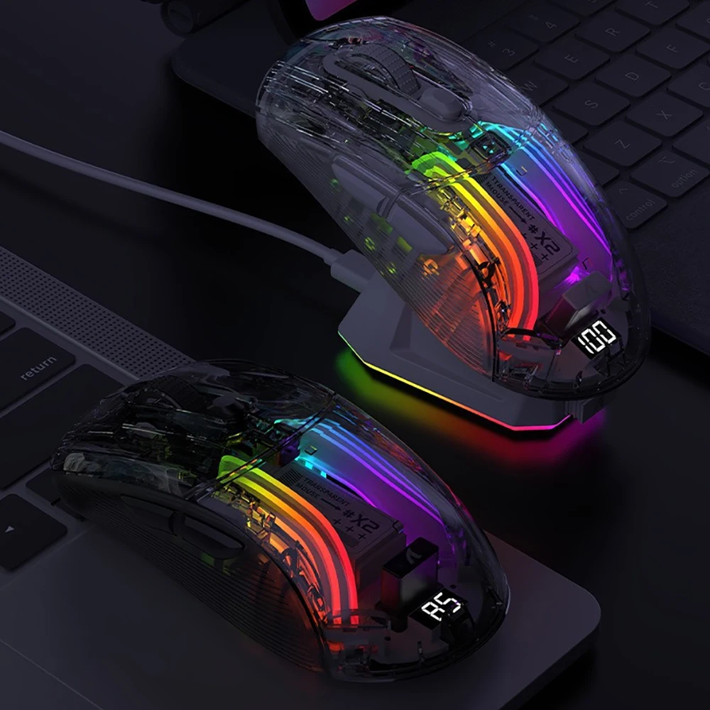 Three-Mode 2.4G Wireless Bluetooth Mouse Transparent Mouse with Charging Dock Power Display RGB Light Emitting Mouse
