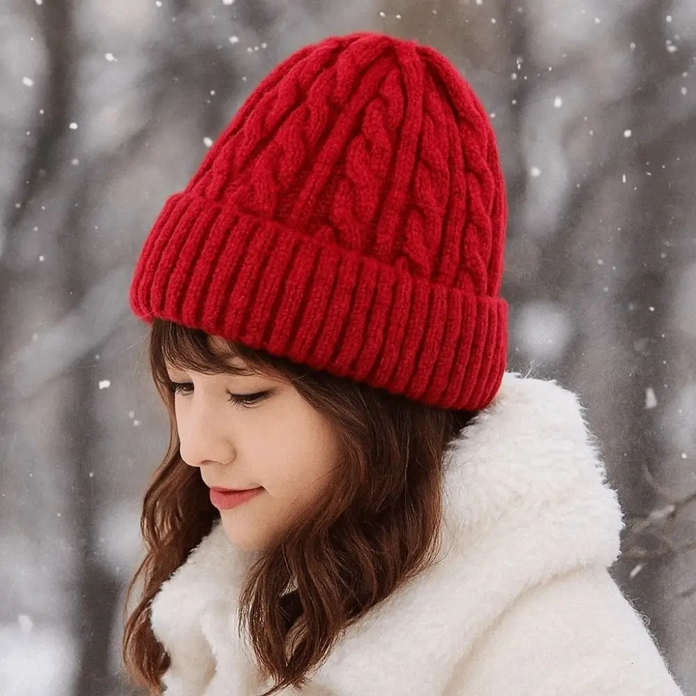 

Earflap Hat Elastic Winter Pullover Cap Trendy Korean Style Twists Knitted Hat All-match Dome Brimless Beanie Cap Outdoor