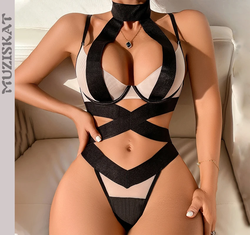 MUZISKAT Fashion Splicing Mesh Crossover Lingerie See-Through Hollowed Out Beauty Back Low-Cut Erotic Two-Piece Set Onlyfans