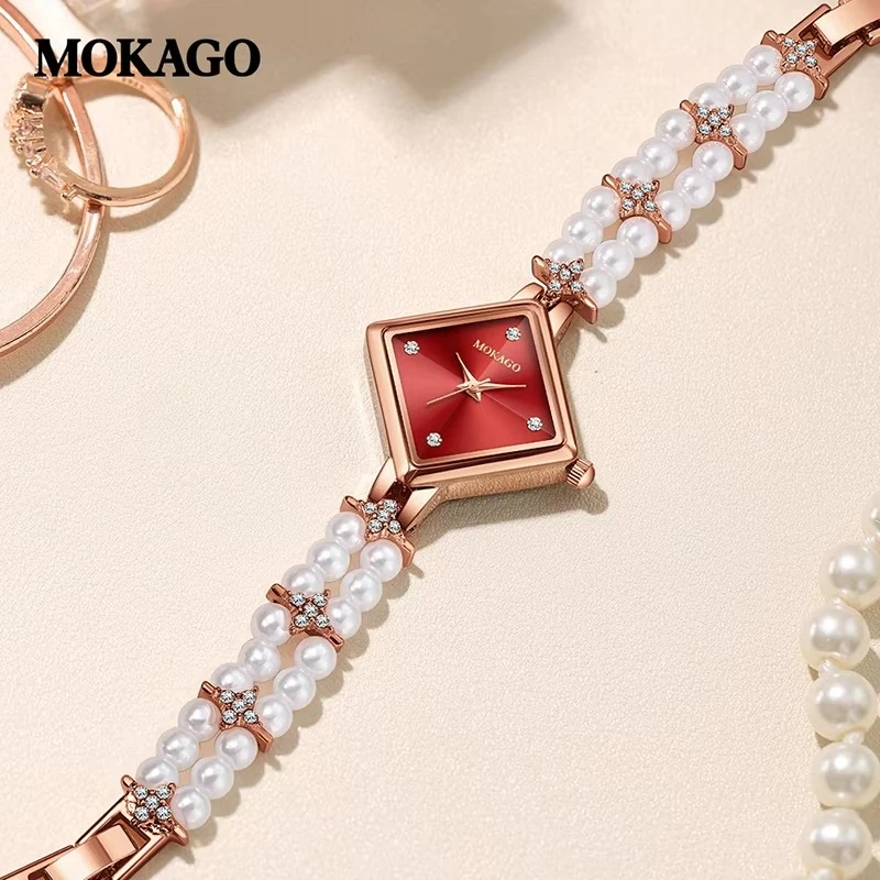 Luxury Women Quartz Watch Waterproof Pearl Alloy Diamond Inlaid Bracelet Geometric Rhombus Wristwatch Clock Festival Gifts