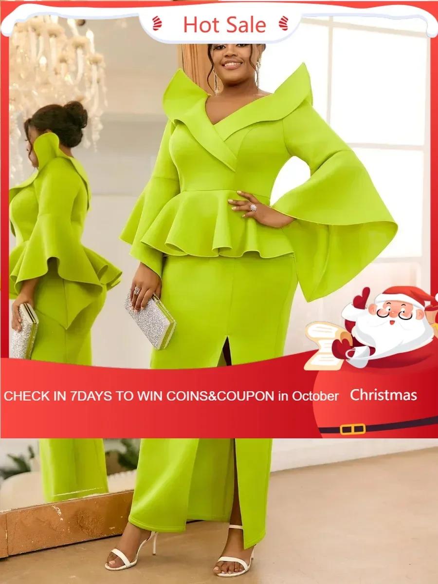 

Women's Retro Green Chic Pleated Dress V Neck Long Flare Sleeve High Waist Ruffle Slim Fit Slit Formal Evening Dinner Event Robe