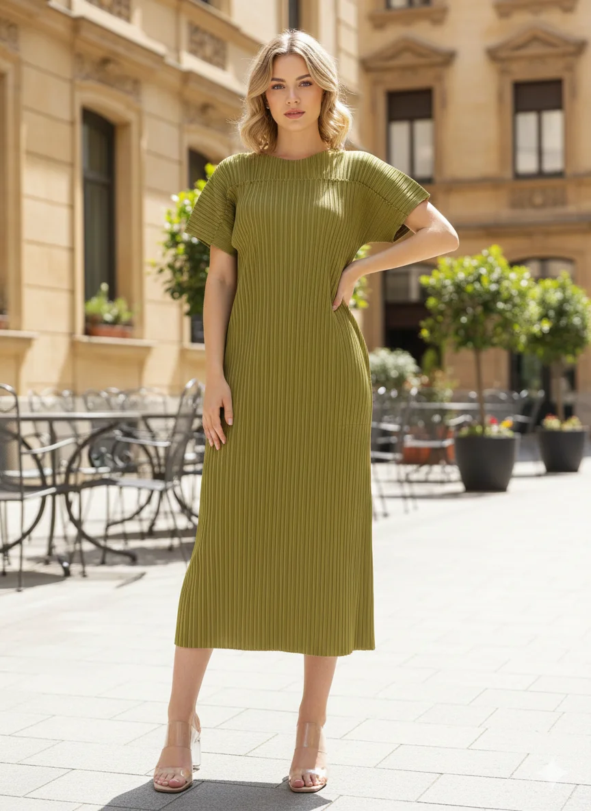 

Новое плиссированное платье Miyake 2026: свободное, тонкое, с коротким рукавом, круглым вырезом, повседневное, элегантное, модное, длинное.